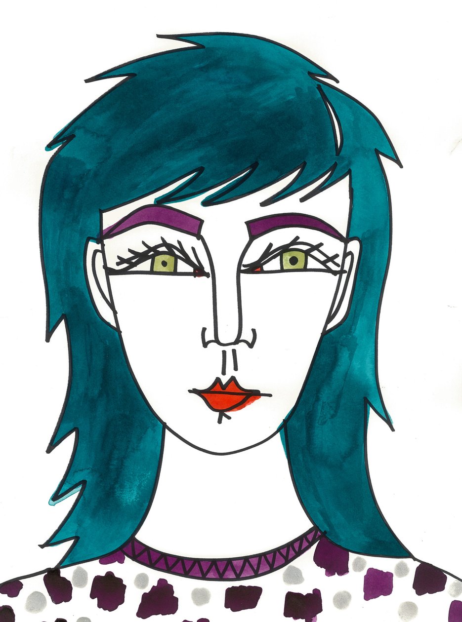 Shaggy groen haar, 2024 (pen met verf op papier) door Daisy de Villeneuve