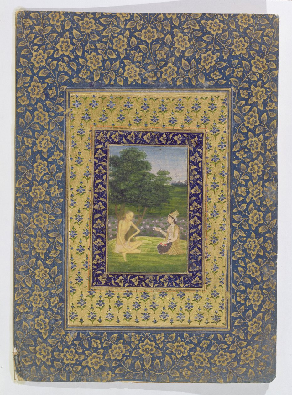Layla Leest voor aan Majnun, die onder een boom bij een lotusvijver zit, Delhi, c.1720-40 door Dal Chand