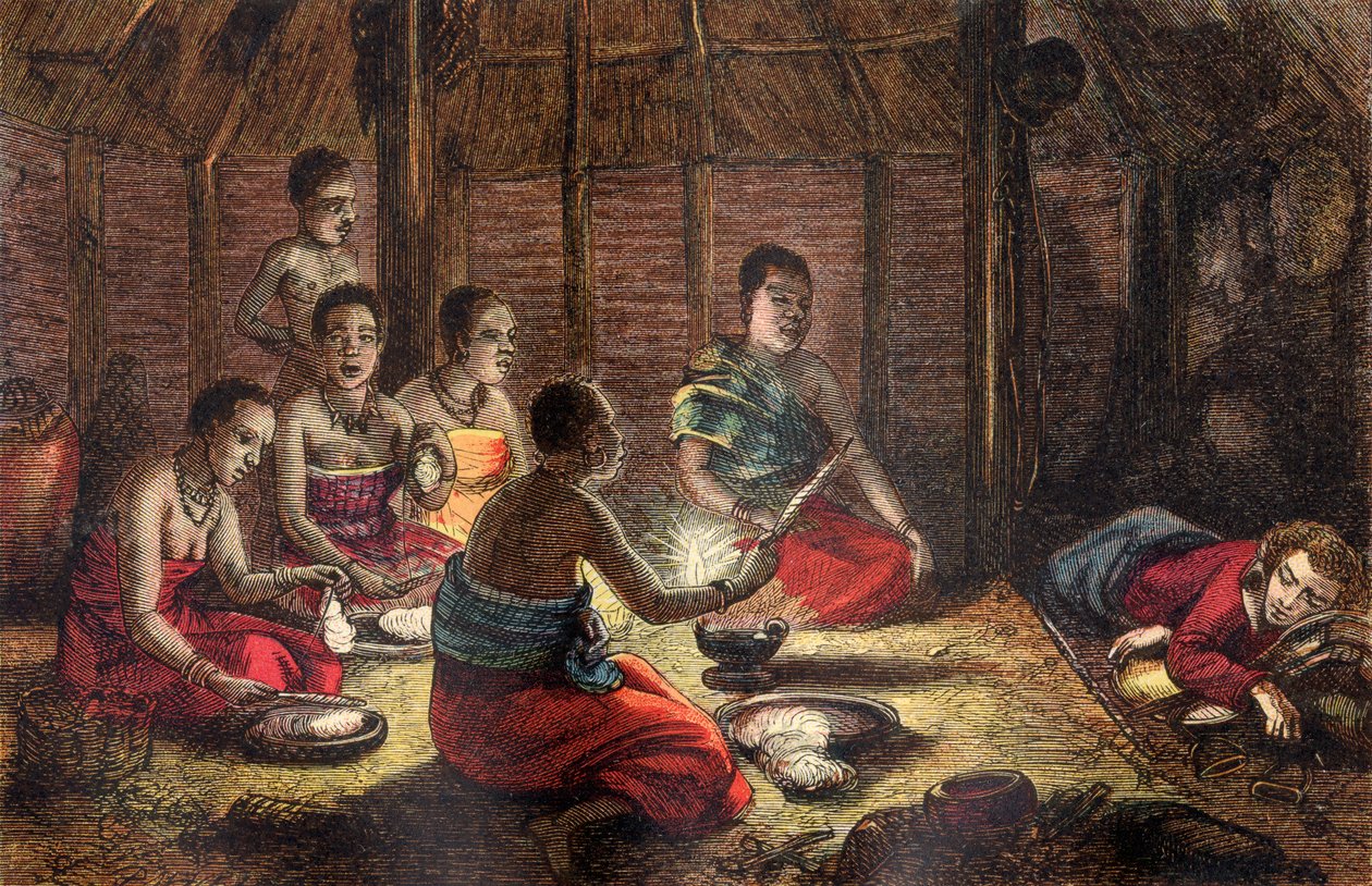 Mungo Park rustend in een hut van een inboorling in Sego, Bambarra, 1796 door Dalziel Brothers
