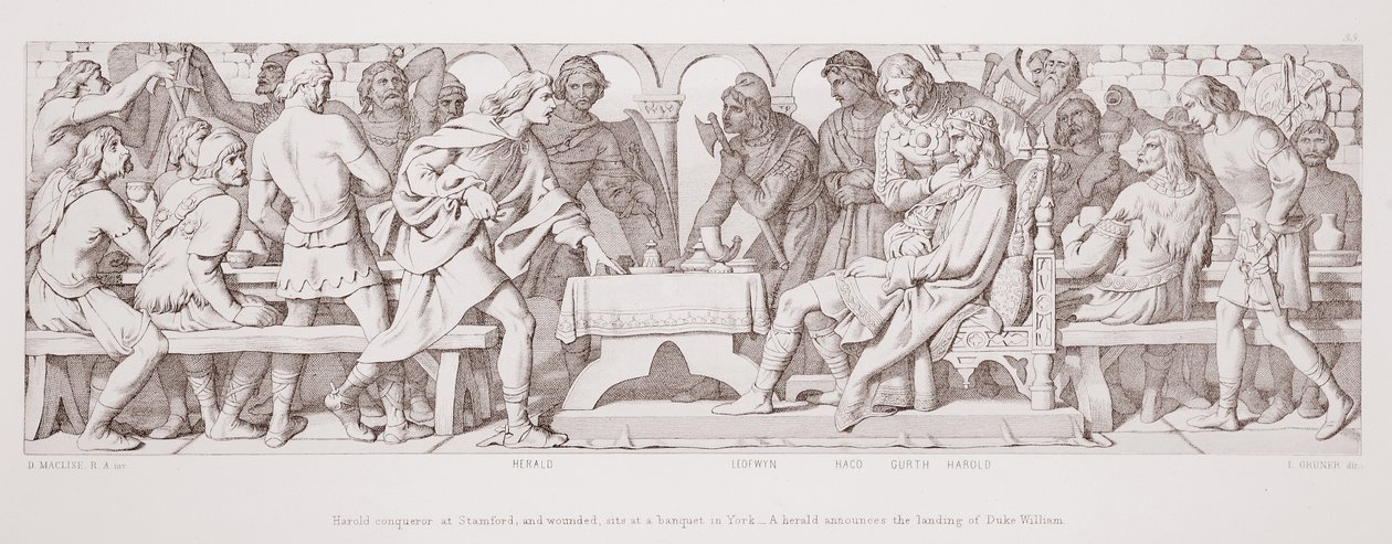 Harold, overwinnaar bij Stamford, en gewond, zit aan een banket in York, en een heraut kondigt de landing van Hertog Willem aan, uit 