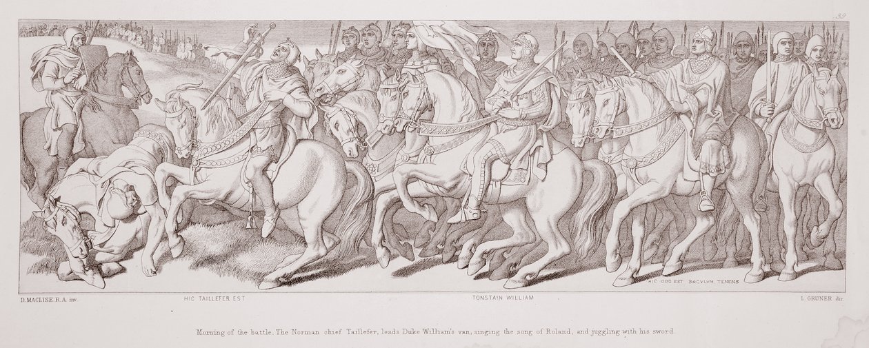Ochtend van de slag, de Normandische leider Taillefer leidt de voorhoede van hertog Willem, zingend het lied van Roland en jonglerend met zijn zwaard, uit 