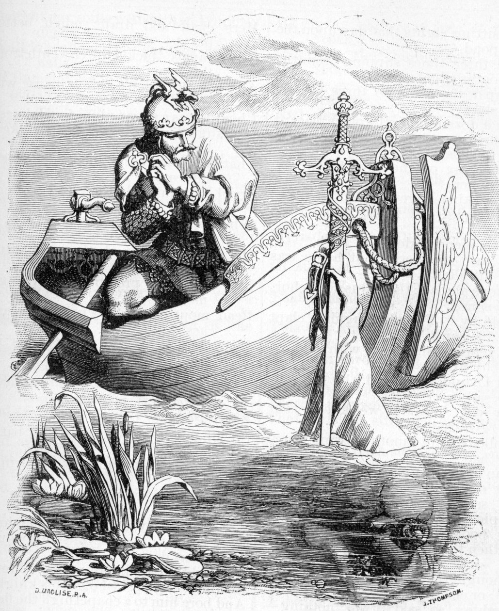 Sir Bedivere ziet een arm die het zwaard van Koning Arthur vangt in het meer door Daniel Maclise