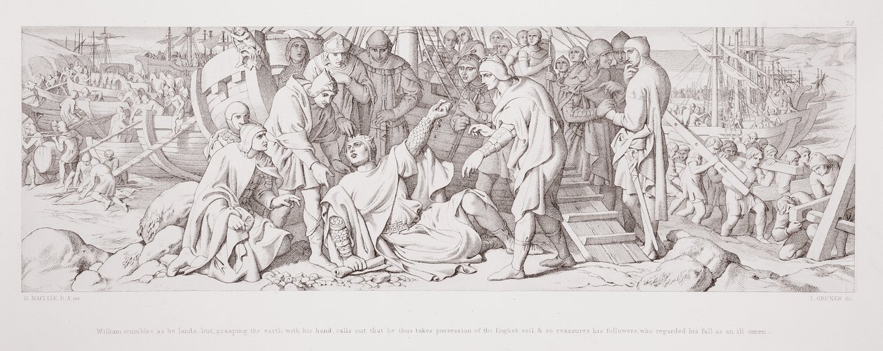 William struikelt bij het landen, maar grijpt de aarde met zijn hand en roept dat hij bezit neemt van de Engelse bodem, en stelt zo zijn volgelingen gerust, die zijn val als een slecht voorteken beschouwden door Daniel Maclise