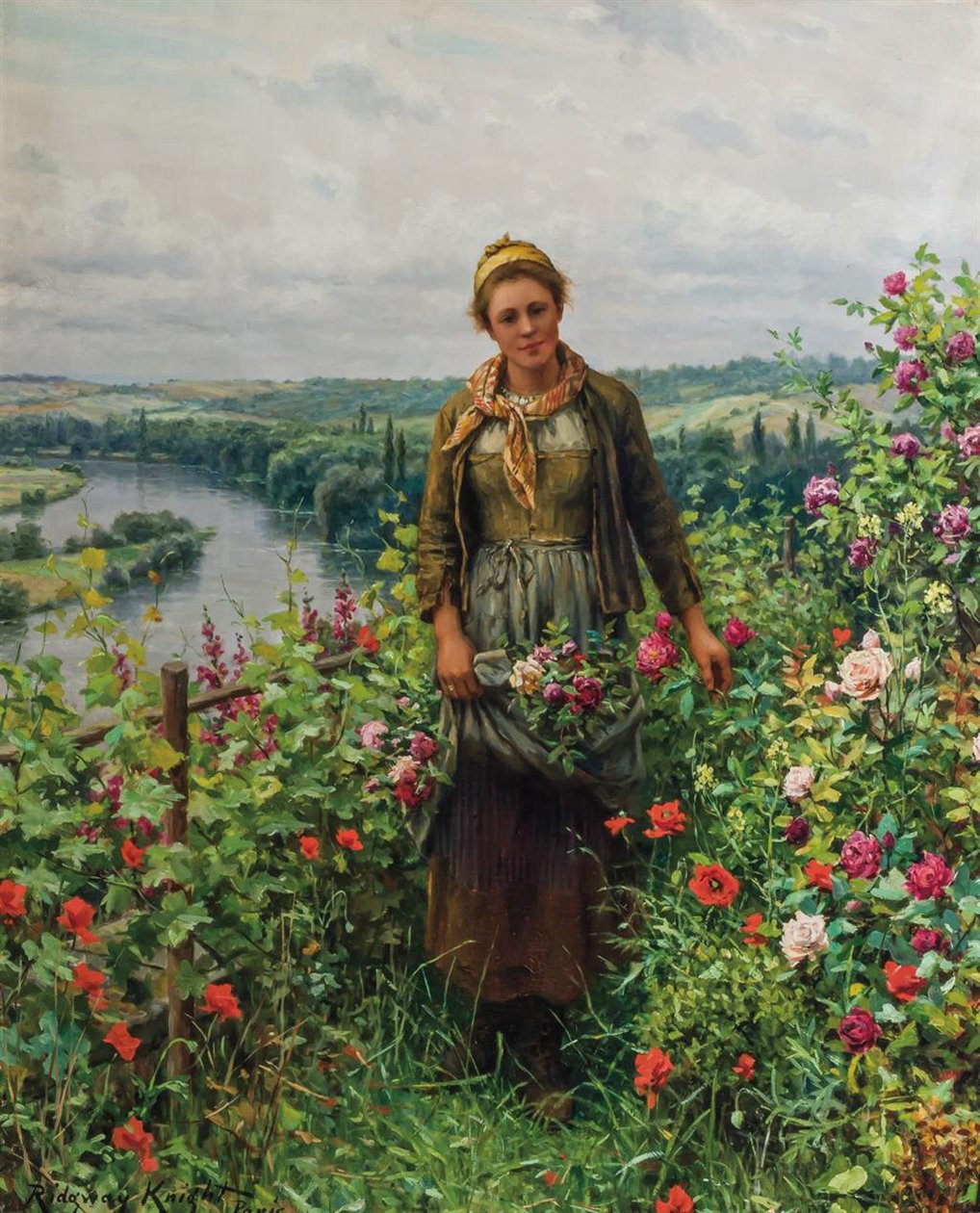 Een dienstmeid in haar tuin door Daniel Ridgway Knight
