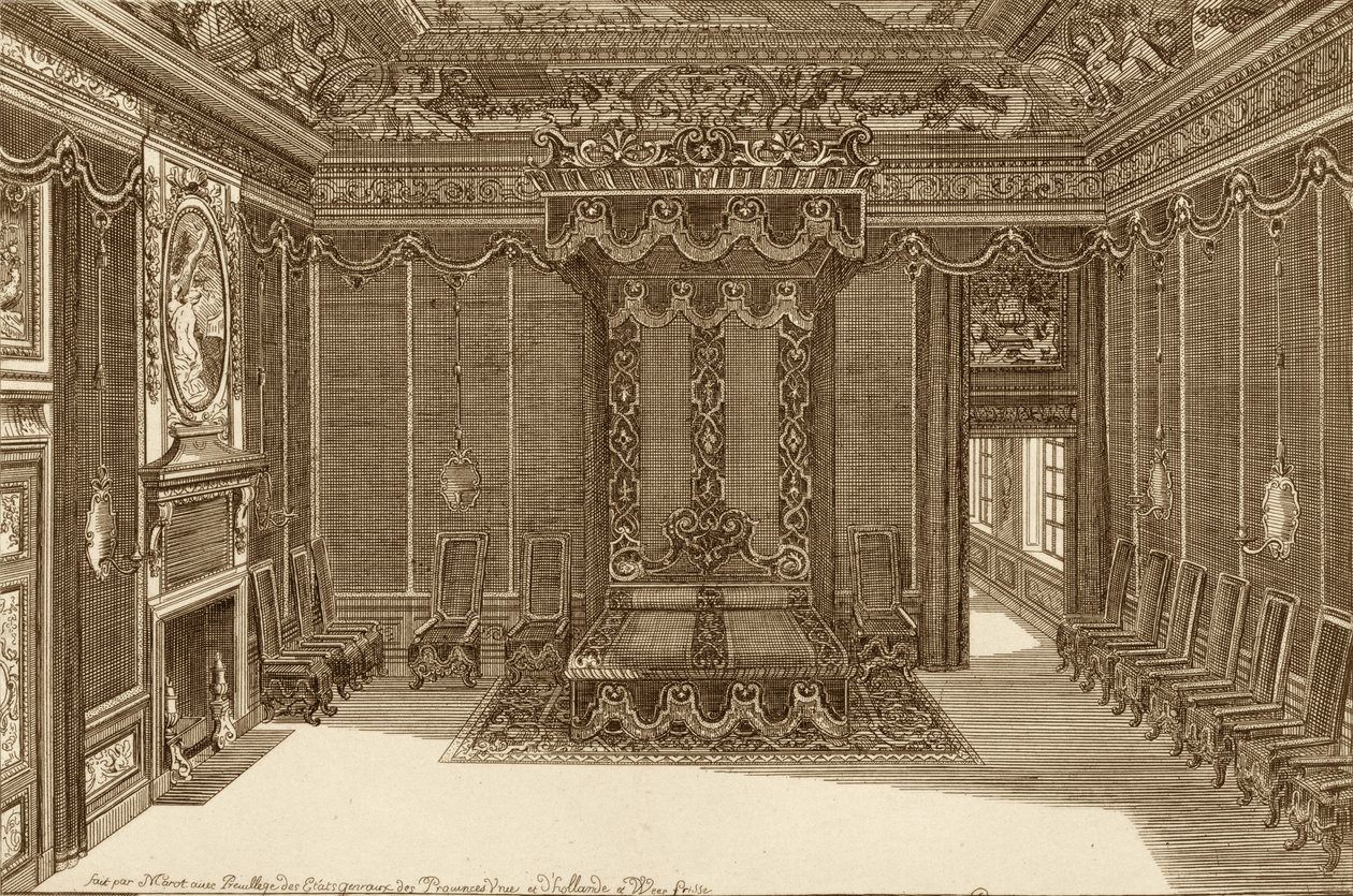 Ontwerp voor een slaapkamer met een staatsbed, uit het Nieuwe Boek der Appartementen, 1703 door Daniel the Elder Marot