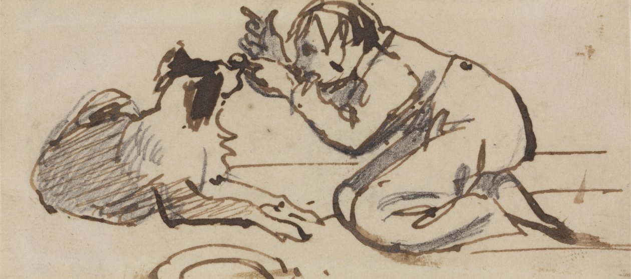 Een kind dat met een hond speelt door Daniel Maclise