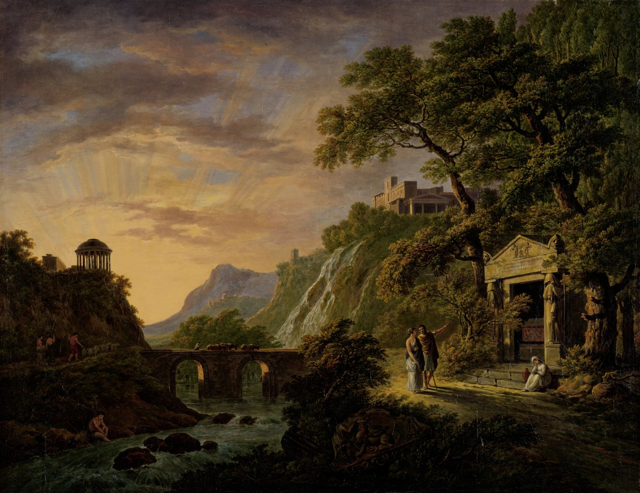 Arcadisch landschap met ondergaande zon door Daniel Dupre