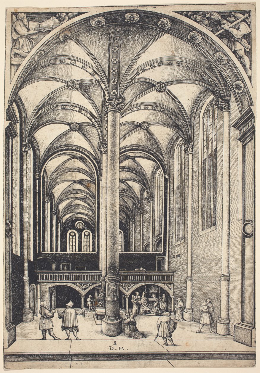 Interieur van de kerk van Sint-Maria Magdalena met de parabel van de offergave van de weduwe door Daniel Hopfer