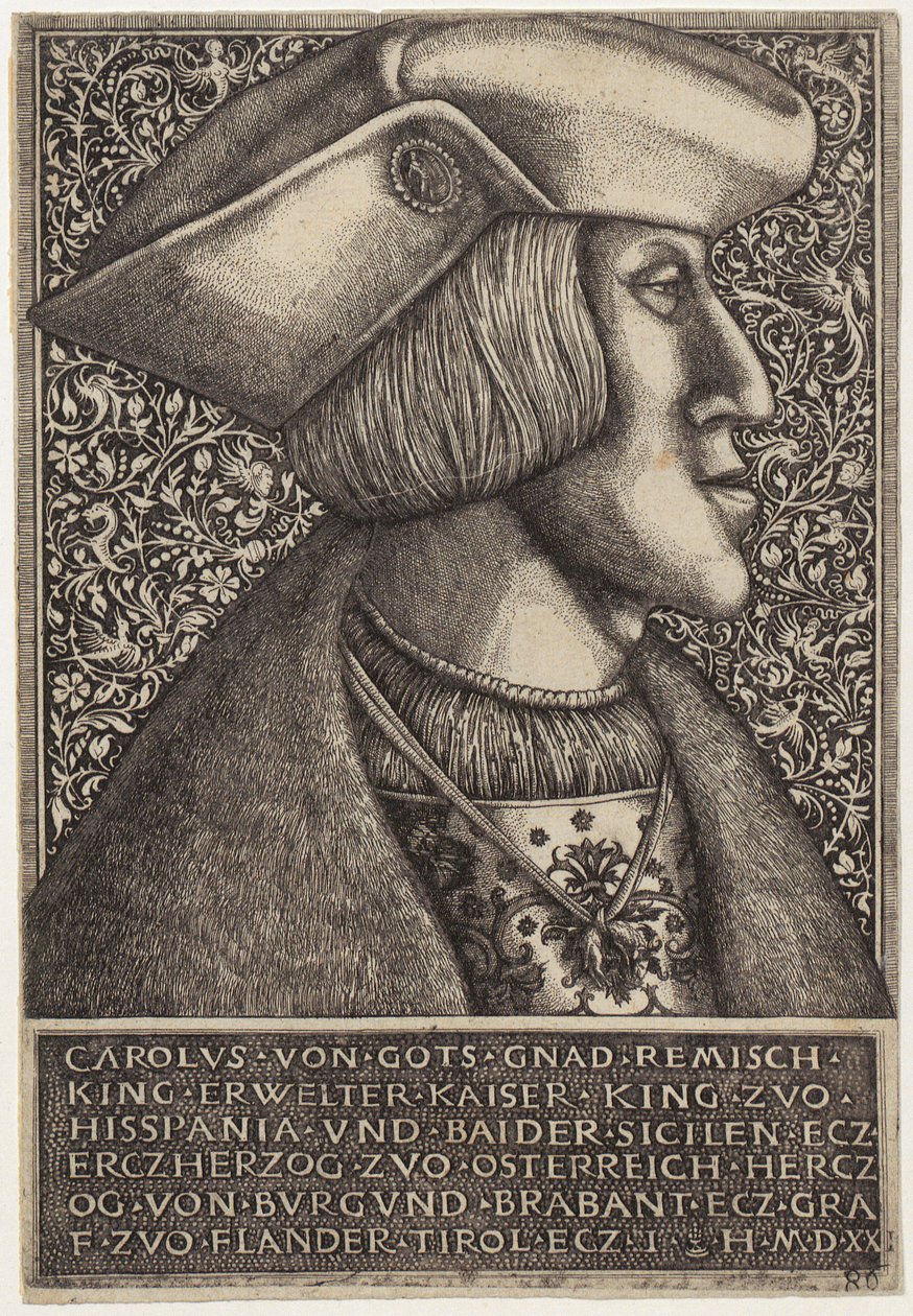 Portret van keizer Karel V, uit «Opera Hopferiana [...]» door Daniel Hopfer