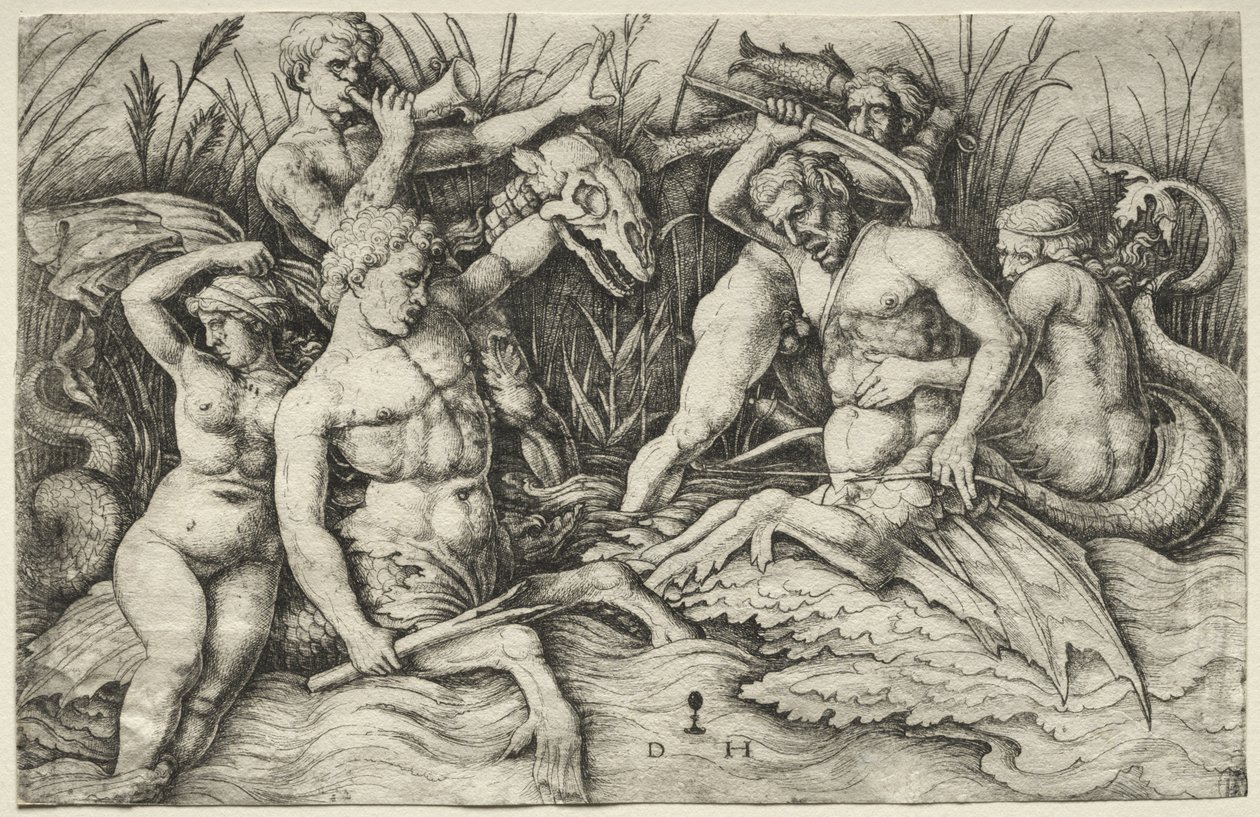 Twee Tritons vechten - Slag van de Zeegoden (rechter gedeelte) door Daniel Hopfer