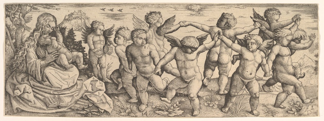 Maagd en Kind met dansende engelen in een landschap, 1530s door Daniel Hopfer
