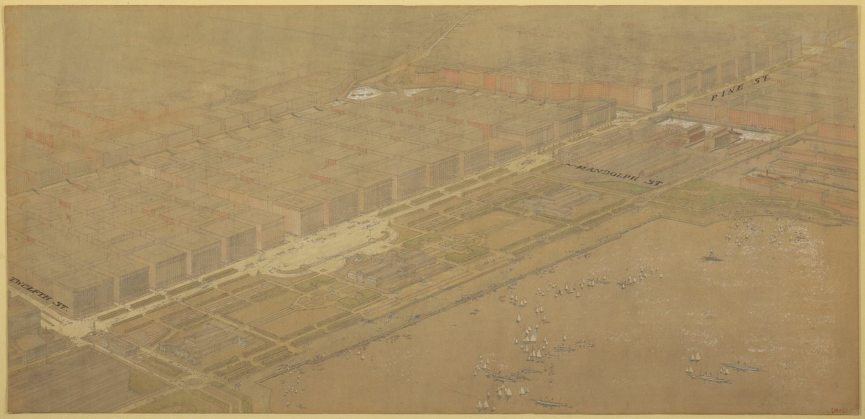 Plaat 114 uit The Plan of Chicago, 1909: Chicago. Voorgestelde boulevard en parkway op Michigan Avenue en Pine Street door Daniel Hudson Burnham