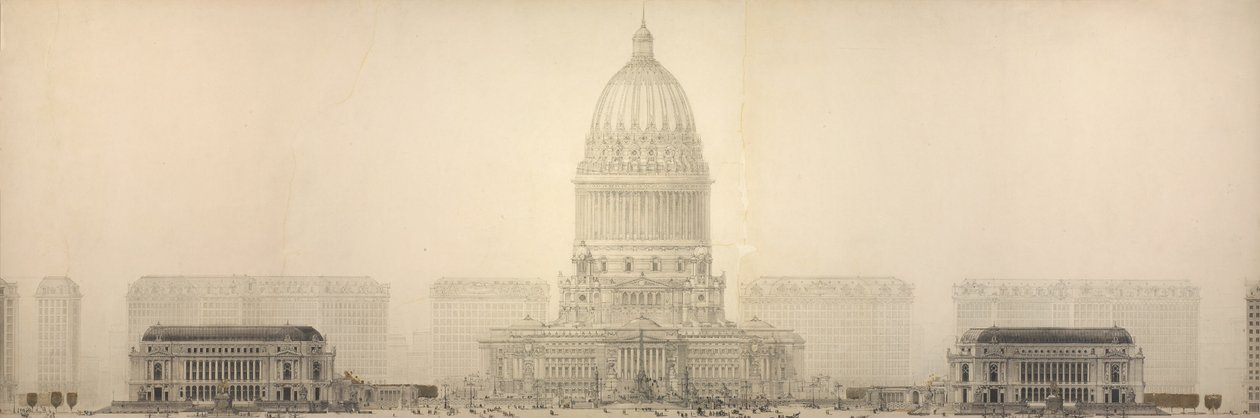Plaat 131 uit The Plan of Chicago, 1909: Chicago. Elevation Showing the Group of Buildings Constituting the Proposed Civic Center. door Daniel Hudson Burnham