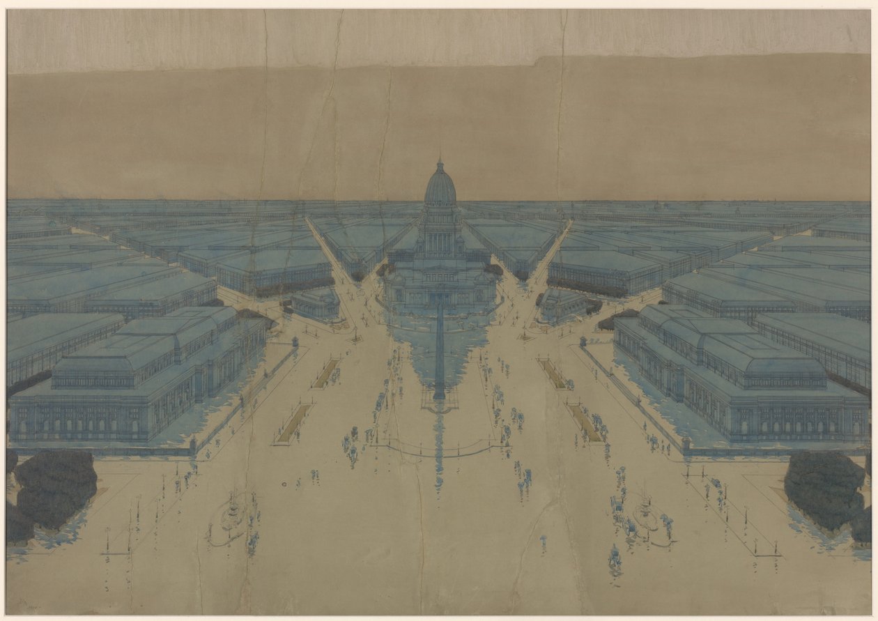 Uitzicht op het voorgestelde Civic Center Plaza en gebouwen, Het plan van Chicago uit 1909 door Daniel Hudson Burnham