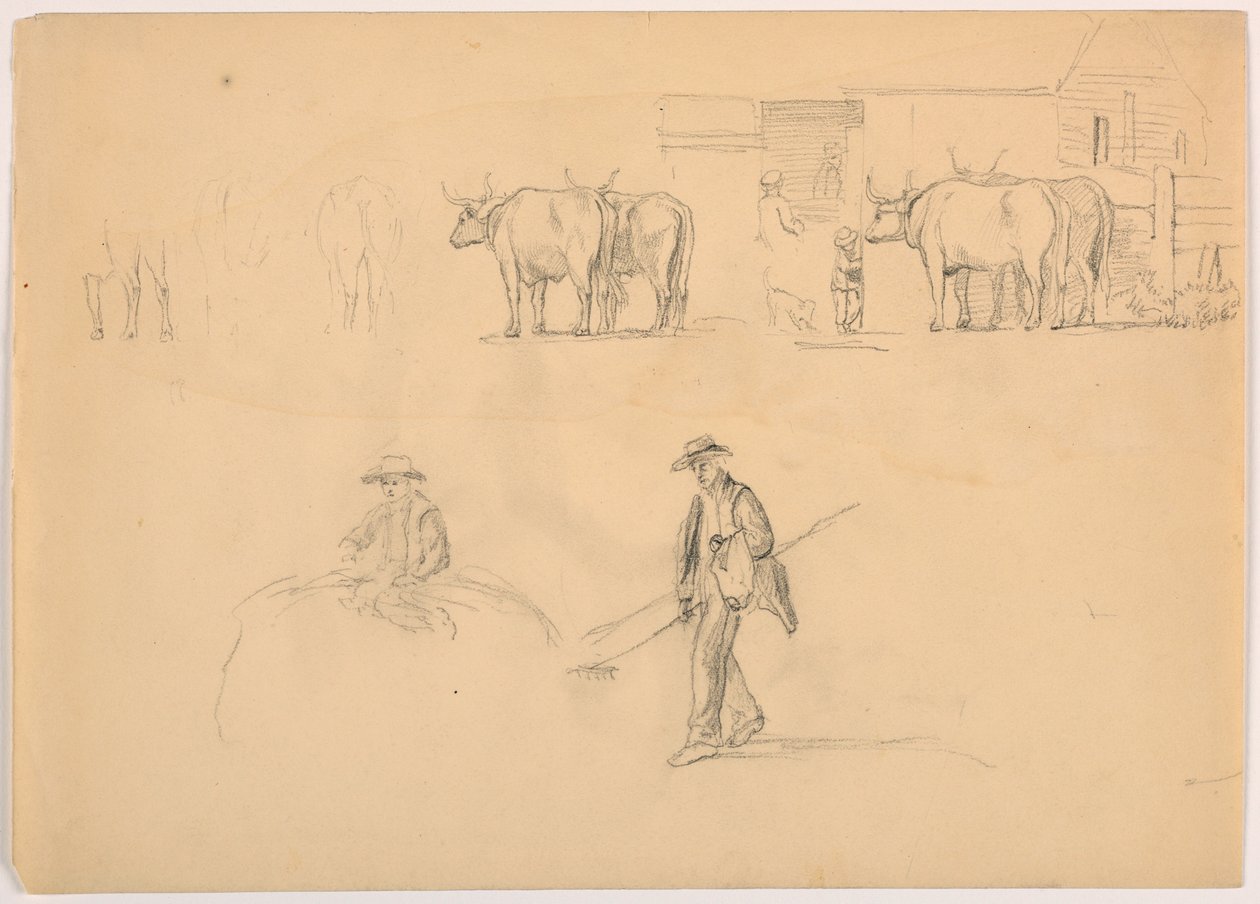 Tekening, Boerenerf; figuren en ossen, 1878 door Daniel Huntington