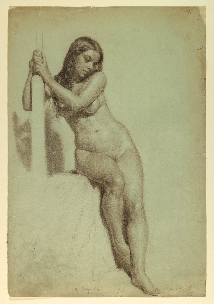 Tekening, vrouwelijk naakt op een kruk, 1858 door Daniel Huntington
