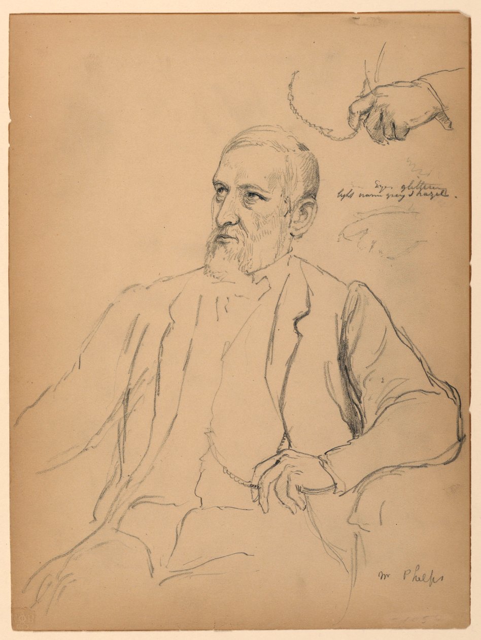 John Jay Phelps zittend, aparte hand- en kettingstudie door Daniel Huntington