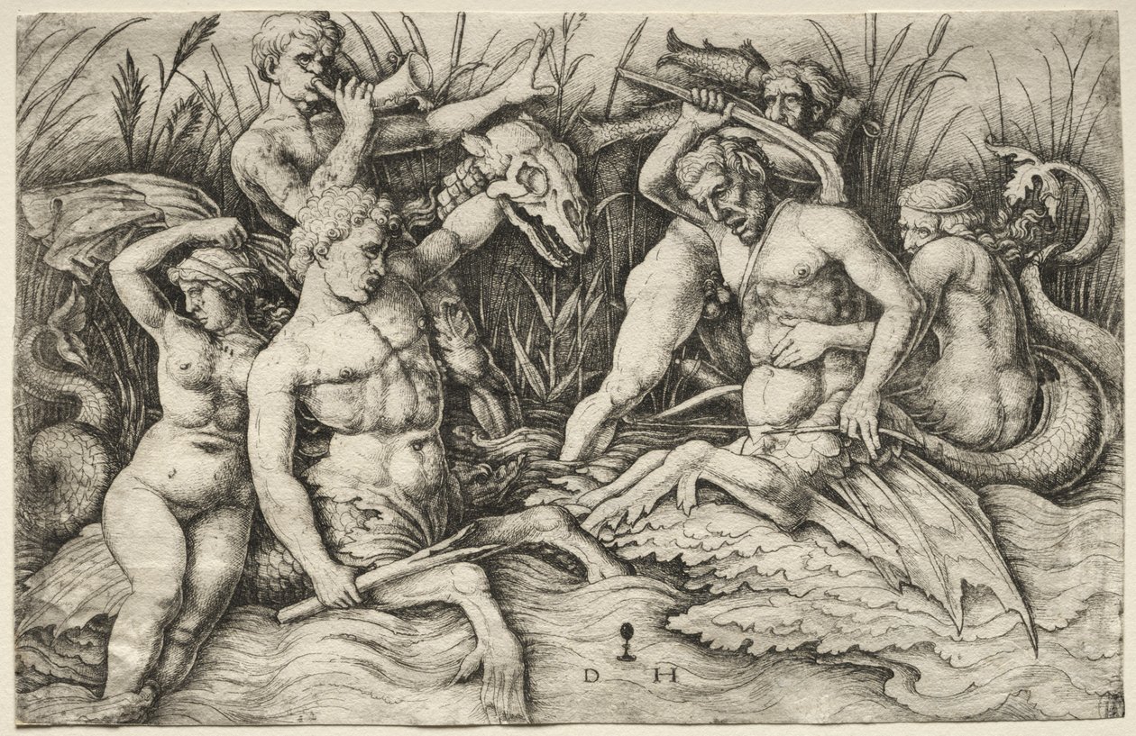 Twee Tritons vechten - Slag van de Zeegoden (rechter gedeelte) door Daniel I Hopfer