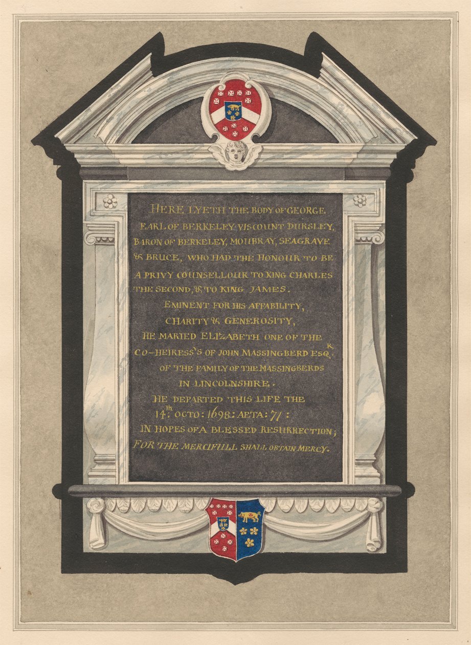 Gedenkteken van George, Graaf van Berkeley uit Cranford Church door Daniel Lysons