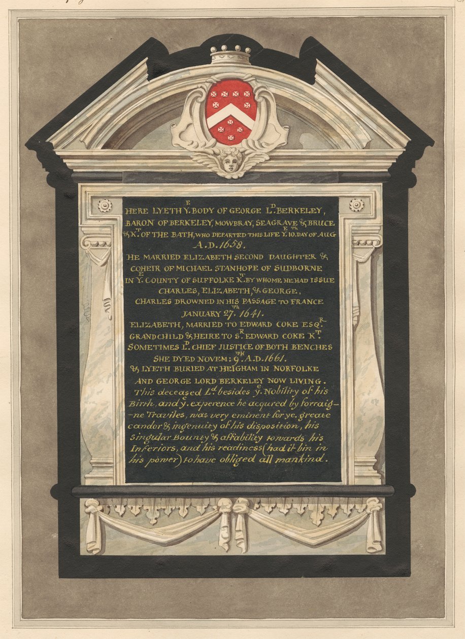 Gedenkteken voor George Lord Berkeley uit Cranford Church door Daniel Lysons