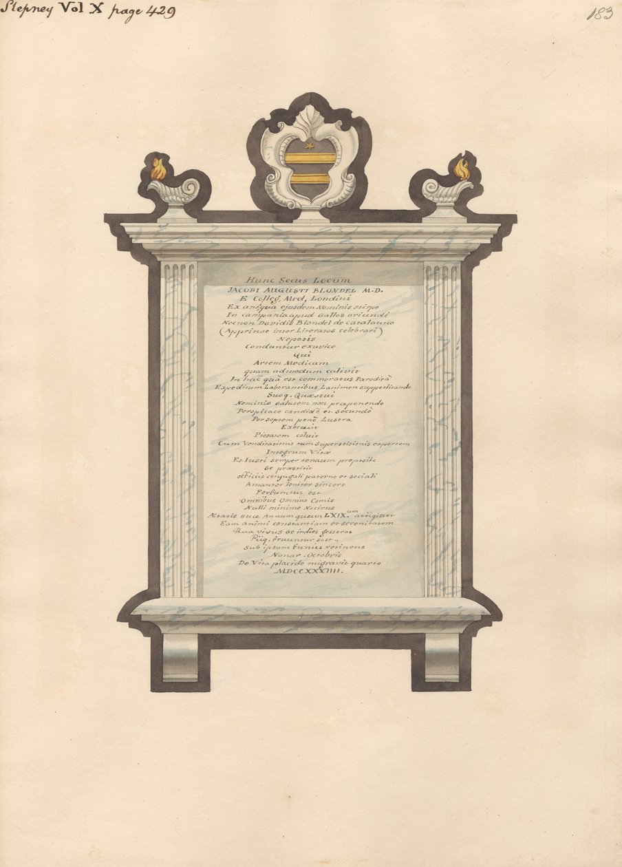 Gedenkteken voor Jacob Augustus Blondel uit Stepney Church door Daniel Lysons