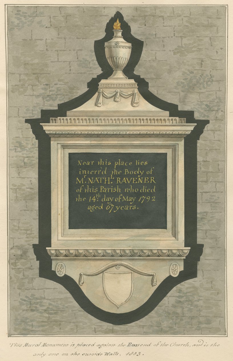 Gedenkteken voor de heer Nathaniel Ravener uit Greenford Church door Daniel Lysons