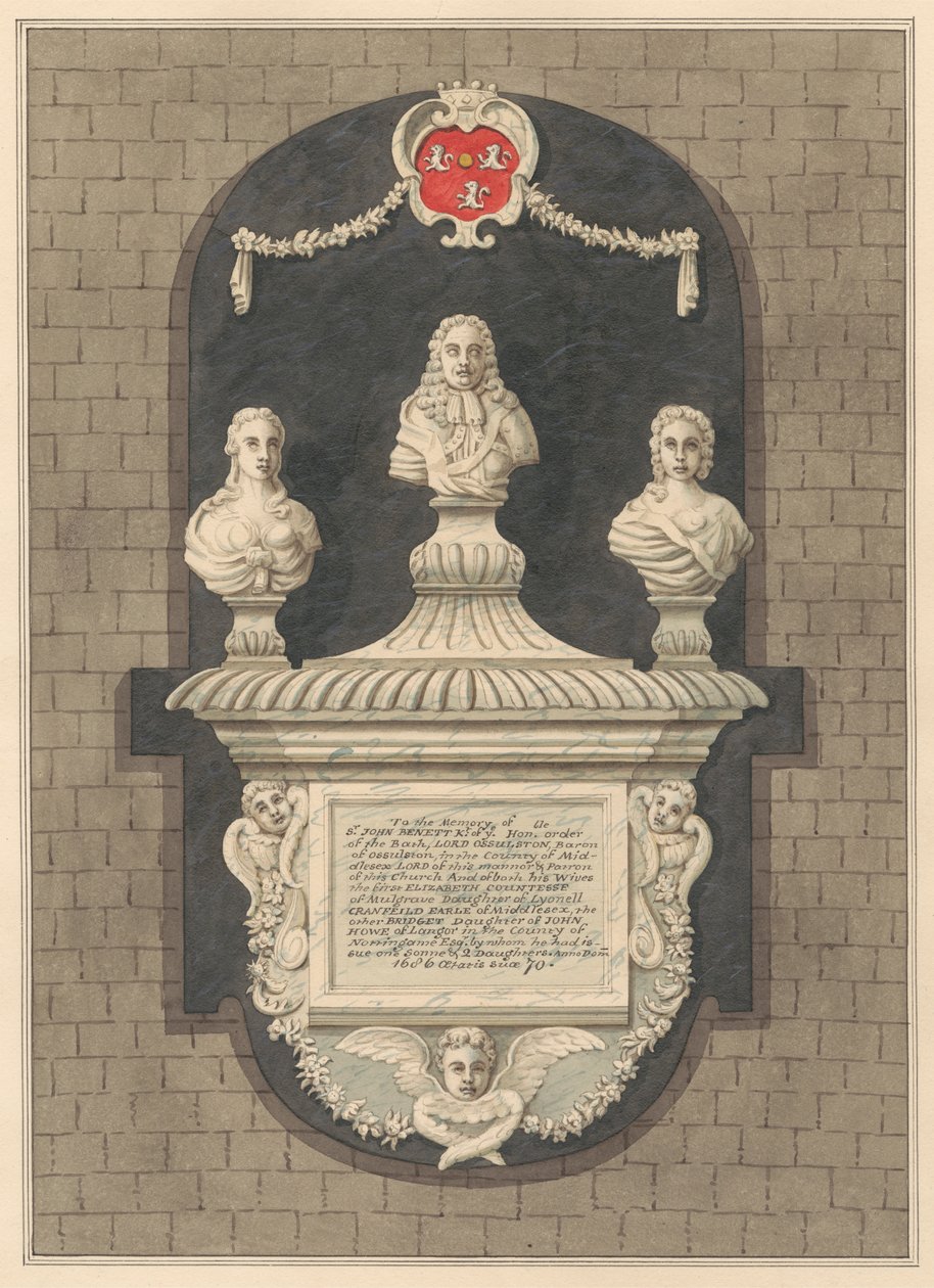 Gedenkteken voor Sir John Benett en zijn vrouwen Elizabeth en Bridget uit de Kerk van Harlington door Daniel Lysons