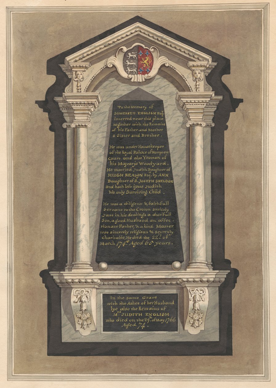 Gedenkteken voor Somerset English, zijn vrouw Judith, zijn moeder, zijn vader, een zus en een broer van Hampton Church door Daniel Lysons