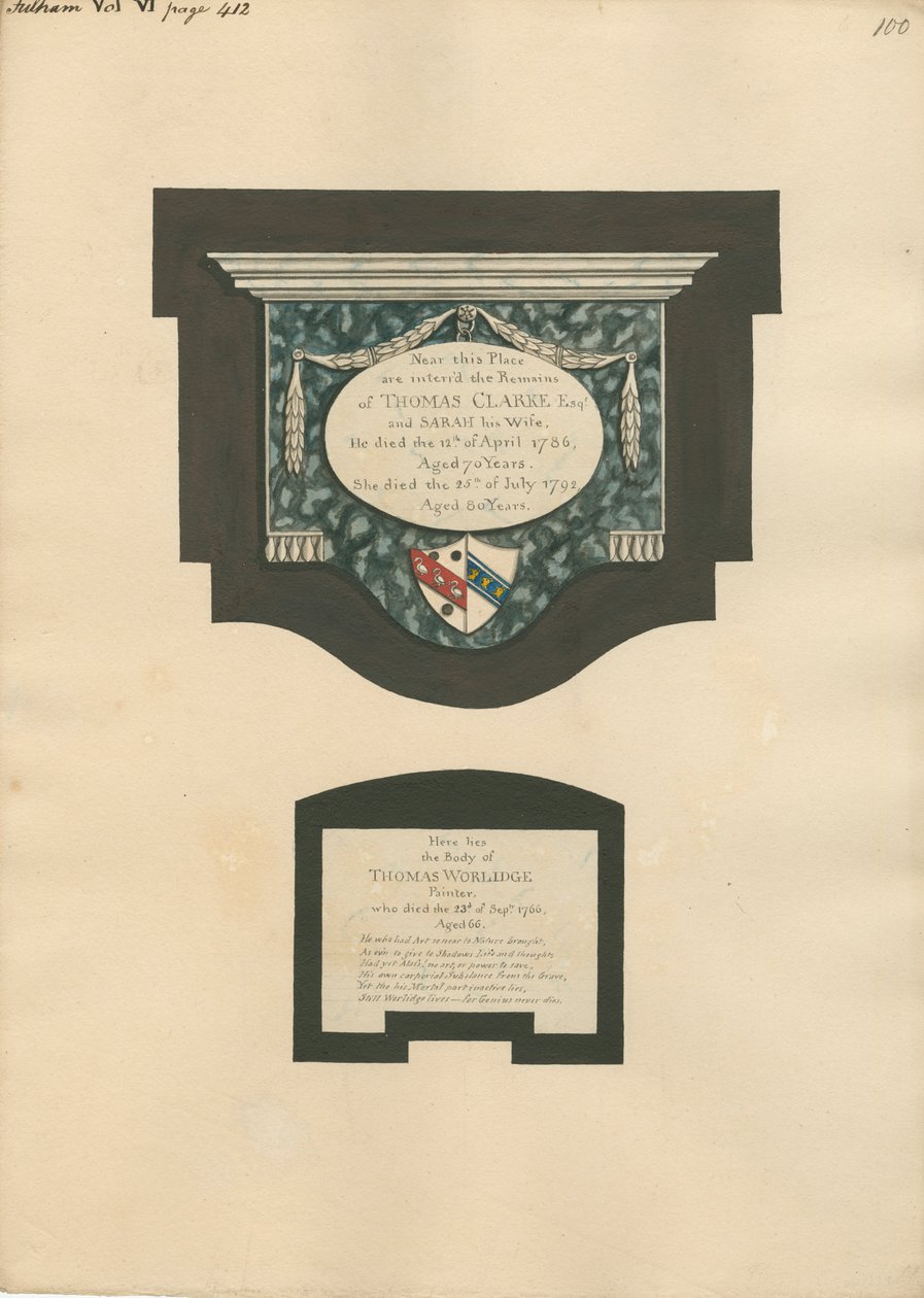 Gedenkteken voor Thomas Clarke en vrouw Sarah en Thomas Worlidge van Fulham Church door Daniel Lysons