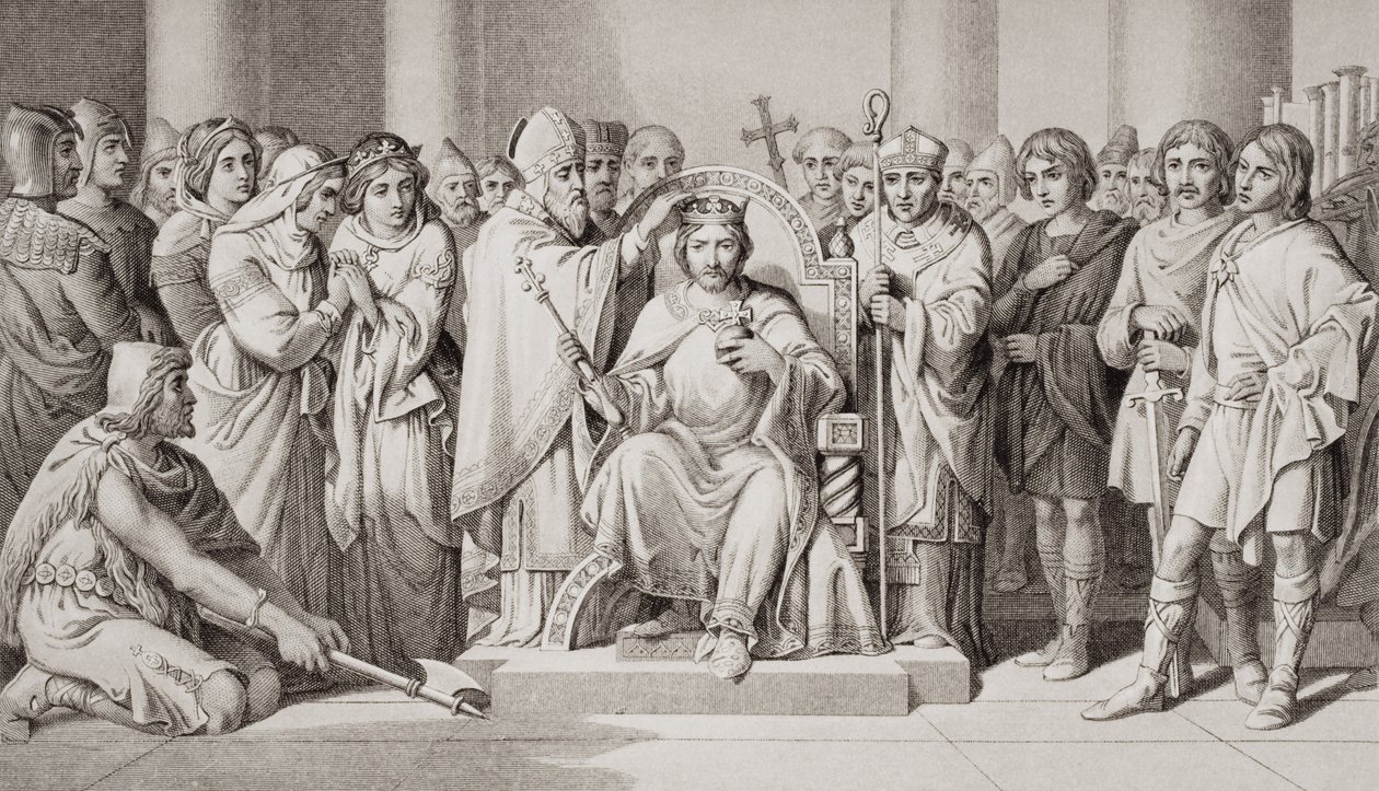 Kroning van Harold II (ca. 1022-66) Koning van de Angelsaksen in 1066, uit 