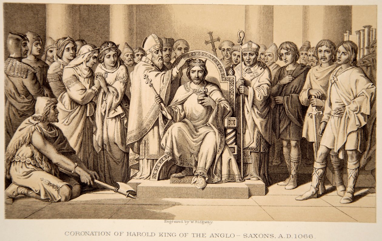 Kroning van Harold II in 1066, gegraveerd door W. Ridgeway door Daniel Maclise