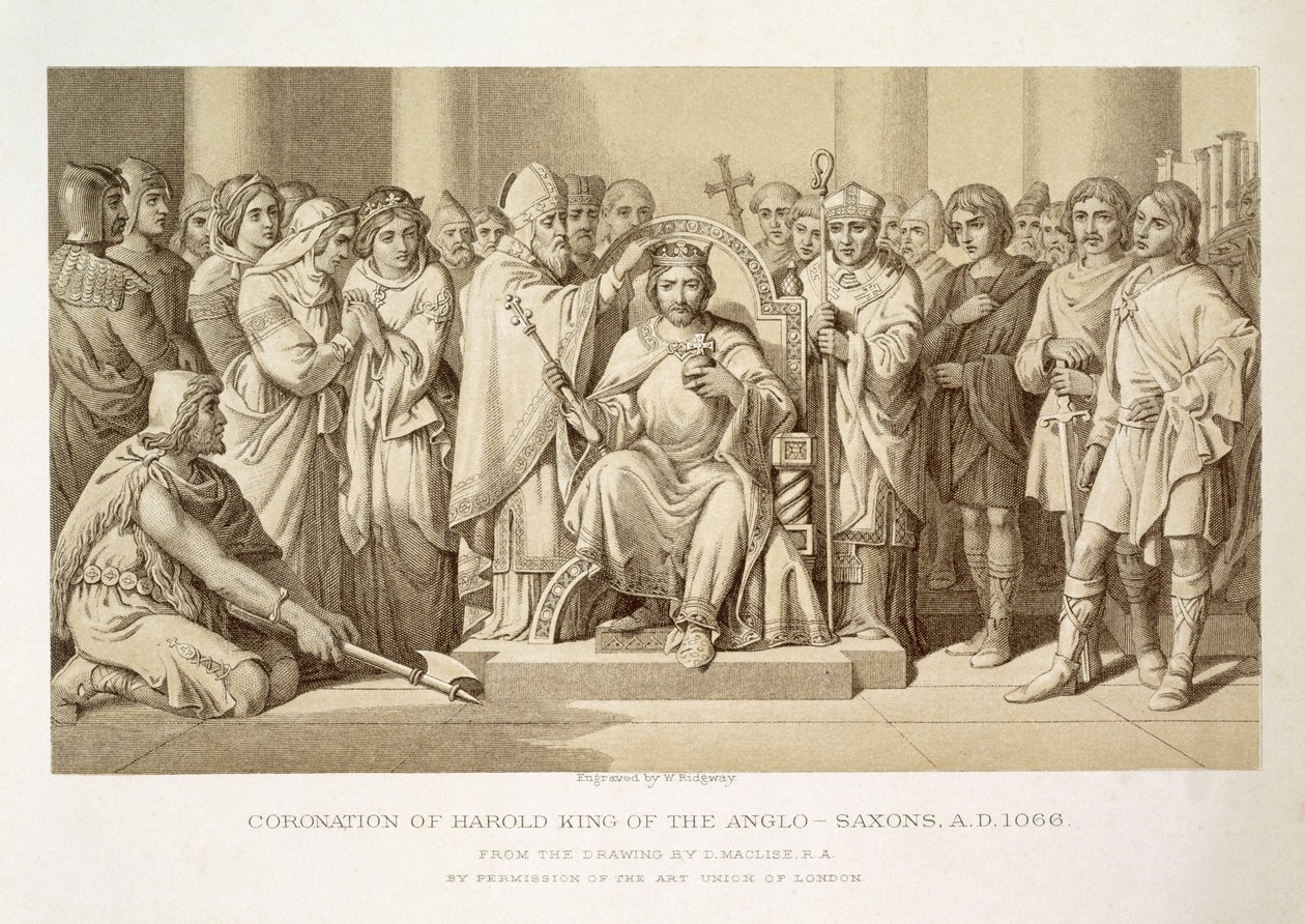 Kroning van Harold, Koning van de Angelsaksen, gegraveerd door W. Ridgeway door Daniel Maclise