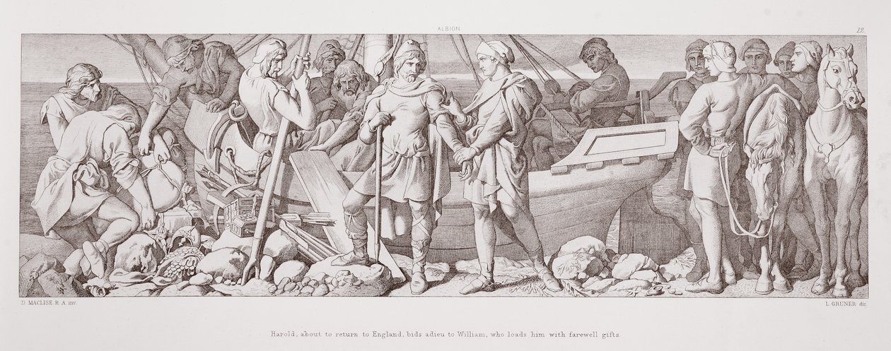 Harold, op het punt om terug te keren naar Engeland, neemt afscheid van William, die hem overladen met afscheidsgeschenken, uit 