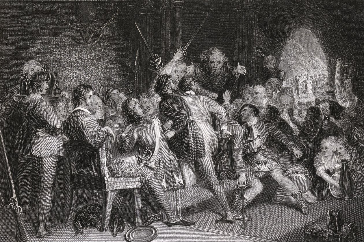 De Hal van Glennaquoich - een Hooglands Feest, gegraveerd door P. Lightfoot, uit 