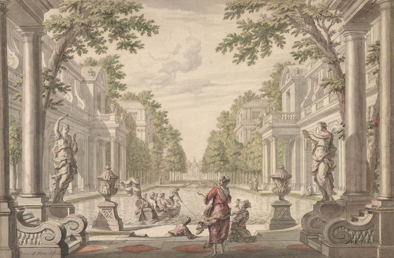 Uitzicht op een paleistuin met een centrale vijver omringd door klassieke architectuur, ca. 1700-1720 door Daniel Marot