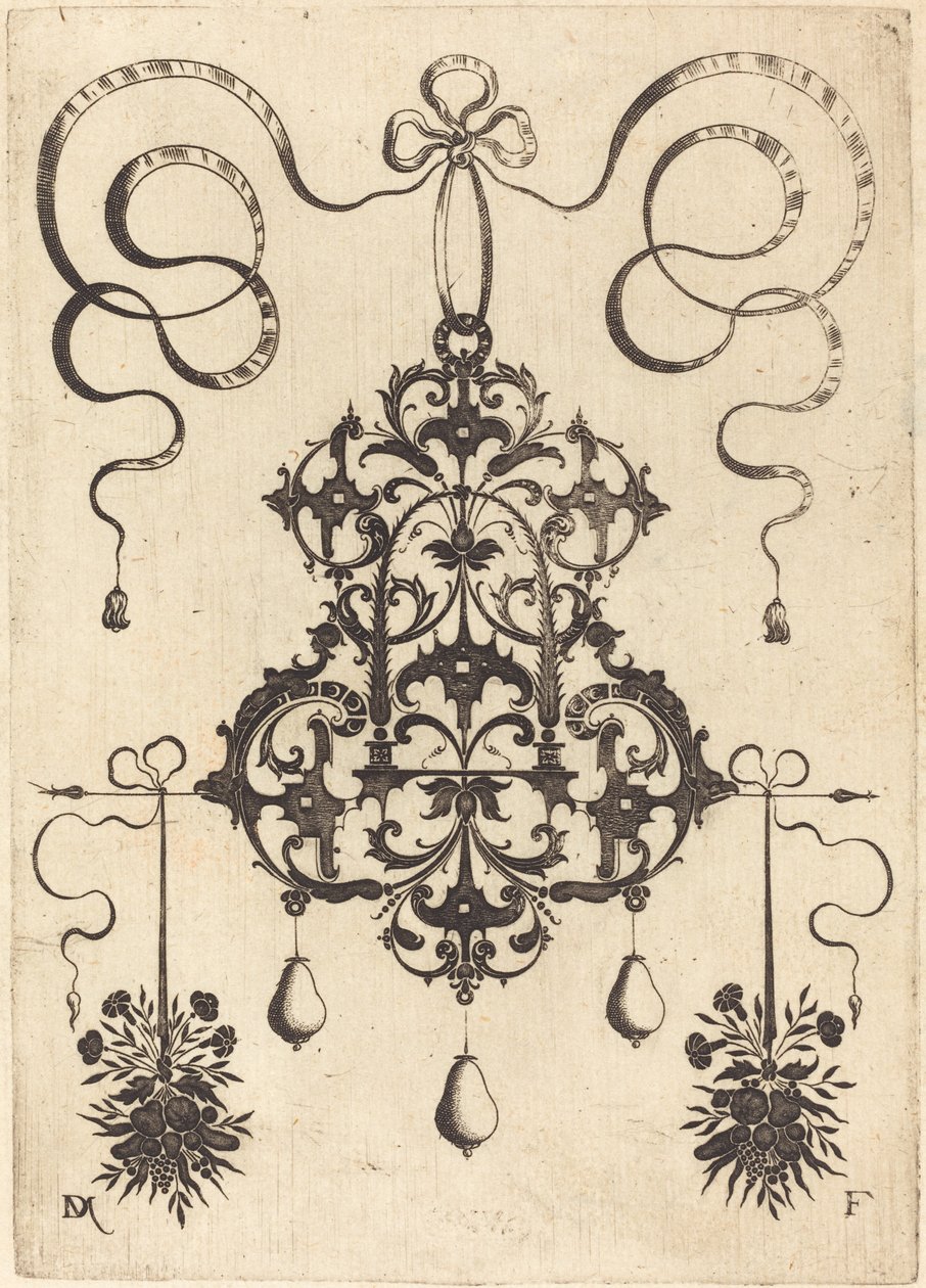 Grote hanger, linksonder en rechtsonder twee bosjes gras, bloemen en fruit door Daniel Mignot