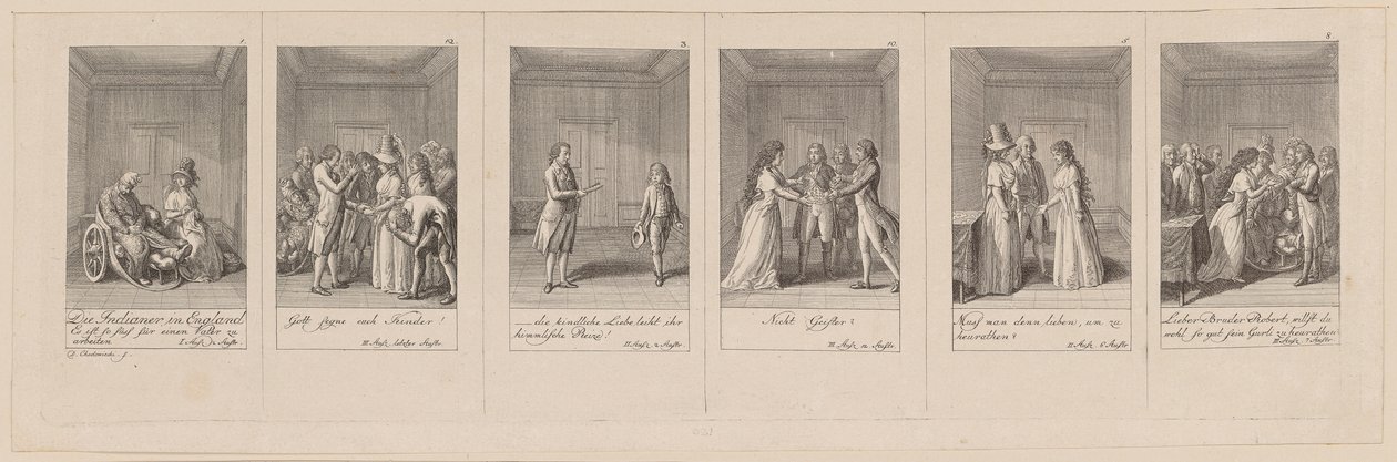 Blz. 1, 12, 3, 10, 5 en 8 van 12 uit het augustusnummer van Kotzebues „De Indianen in Engeland“ door Daniel Nikolaus Chodowiecki