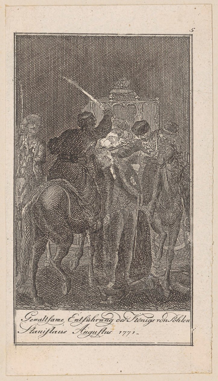 Blad 5 uit "Voorstellingen uit de moderne geschiedenis" door Daniel Nikolaus Chodowiecki