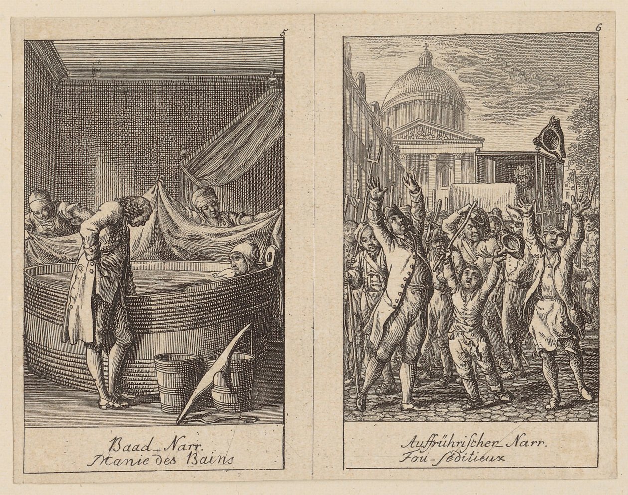 Blad 5 en 6 van het *Centifolium Stultorum*, Dwaasheden door Daniel Nikolaus Chodowiecki