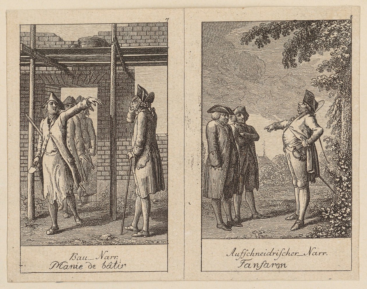 Blad 7 en 8 van het *Centifolium Stultorum*, Dwaasheden door Daniel Nikolaus Chodowiecki