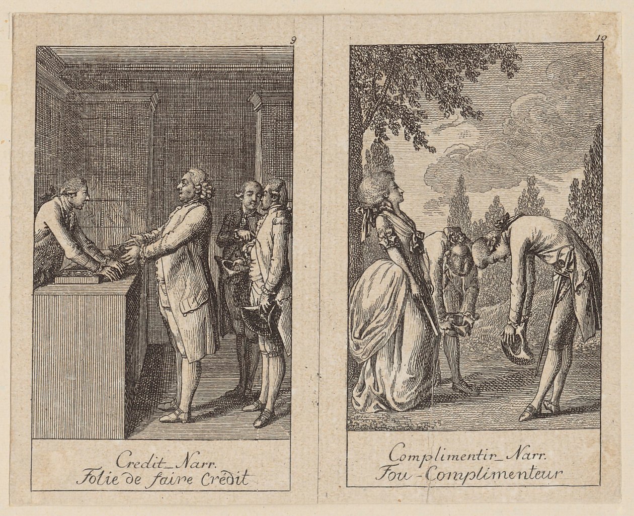 Bladzijde 9 en 10 van het *Centifolium Stultorum*, Dwaasheden door Daniel Nikolaus Chodowiecki