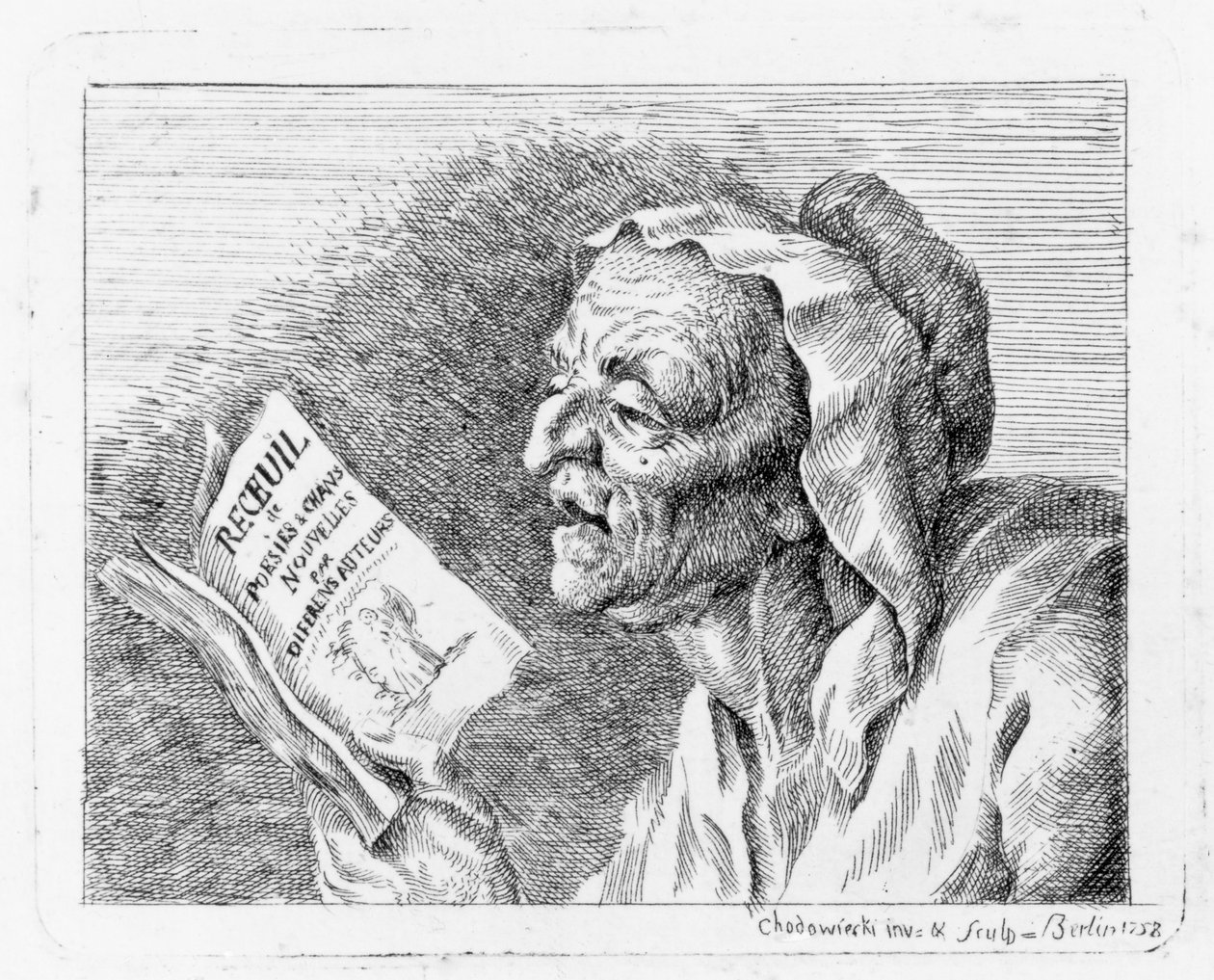 Borstbeeld van een lezende oude vrouw door Daniel Nikolaus Chodowiecki