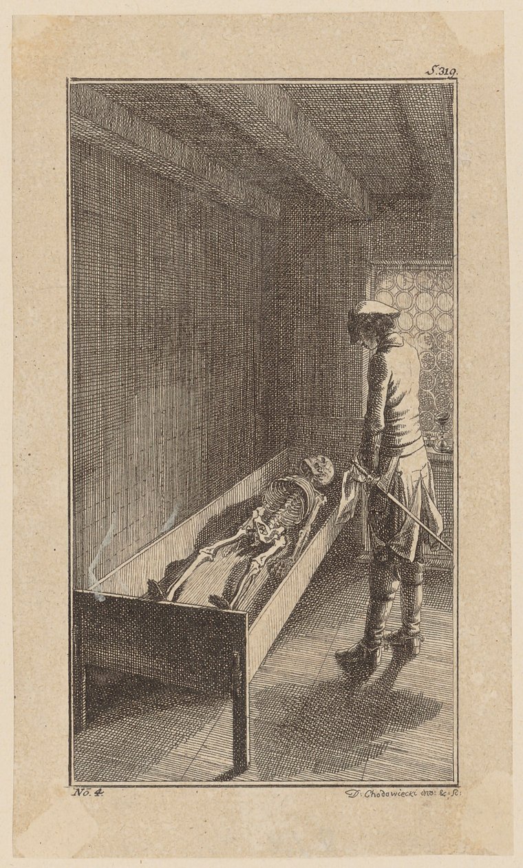Bunkel bekijkt het skelet van John Orton, blad 4 uit „Leven, opmerkingen en meningen van Johann Bunkel” door Daniel Nikolaus Chodowiecki