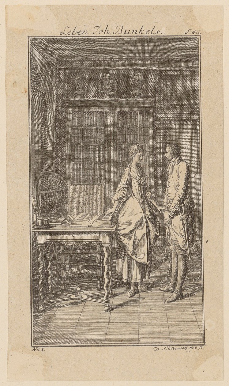 Bunkel in de bibliotheek van juffrouw Henriette Noel, blad 1 uit „Leven, opmerkingen en meningen van Johann Bunkel” door Daniel Nikolaus Chodowiecki