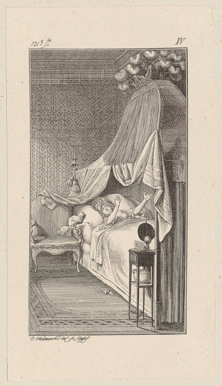 Caesar wil op het bed van de dromende Lady Charlotte springen door Daniel Nikolaus Chodowiecki