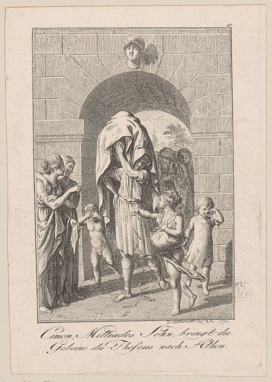 Cimon, zoon van Miltiades, brengt de beenderen van Theseus naar Athene, blad 6 bij Beckers "Theseus" door Daniel Nikolaus Chodowiecki