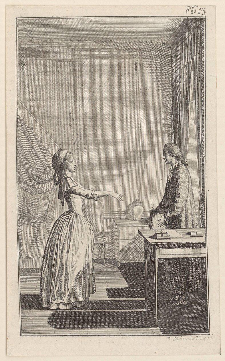 Clarisse verwijt Lovelace dat hij haar kwetsbaar heeft gemaakt, haar eer heeft aangetast en haar alle rust en deugdzaamheid heeft ontnomen door Daniel Nikolaus Chodowiecki