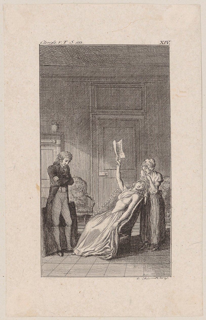Clarisse, tussen waanzin en bezonnenheid, is op de stoel in elkaar gezakt met Lovelaces valse huwelijksakte in haar hand door Daniel Nikolaus Chodowiecki