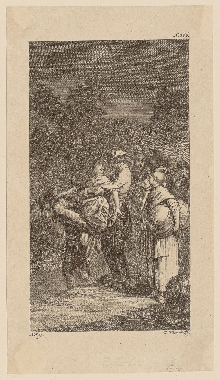 Ontvoering van juffrouw Martha Tilston en Alithea Landsoy, blad 8 uit „Leven, opmerkingen en meningen van Johann Bunkel” door Daniel Nikolaus Chodowiecki