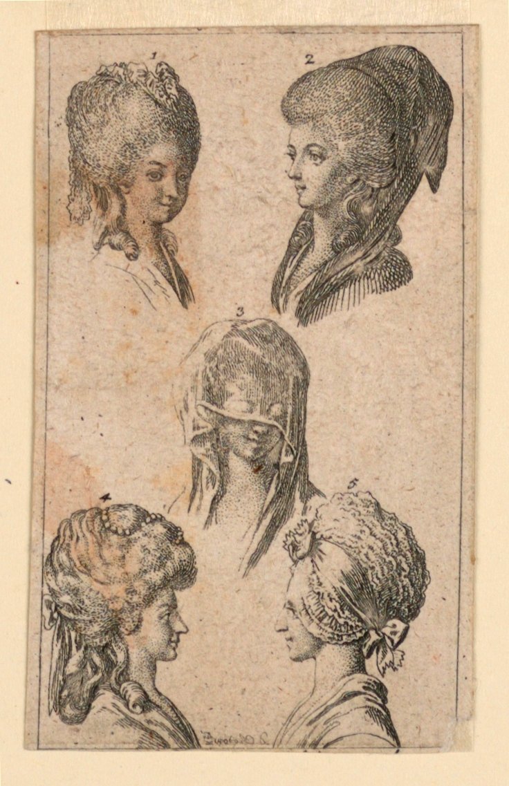 Vijf hoofddeksels, gedragen door Berlijnse vrouwen, illustratie voor "Königl: Grosbrit [anische] Genealogischer Kalender auf das 1782 Jahr Lauenberg bey J.G. Berenberg" door Daniel Nikolaus Chodowiecki